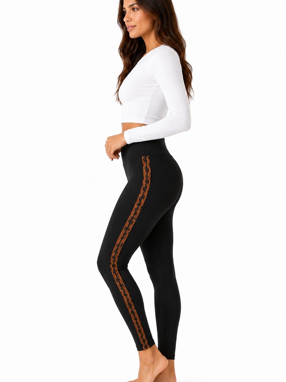Urban Diction High-Waist Black Leggings with Leopard Side Stripe NEW